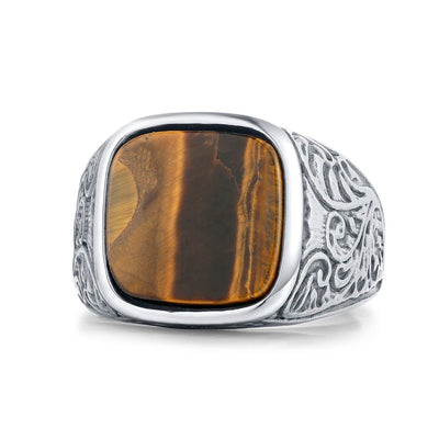 Engraved Edge Signet Ring with Stone Inlay