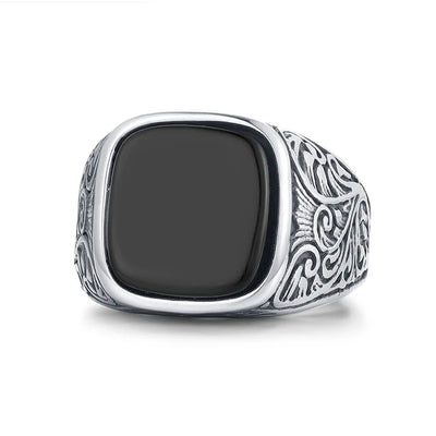 Engraved Edge Signet Ring with Stone Inlay